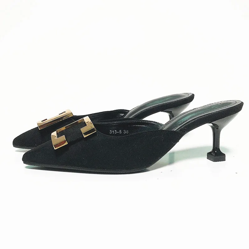 

Shoes Shallow Pointed Toe Slippers Casual Flock Med Women Heels Pantofle Luxury High Soft 2021 Thin Rubber Basic Slip-On Lace-Up