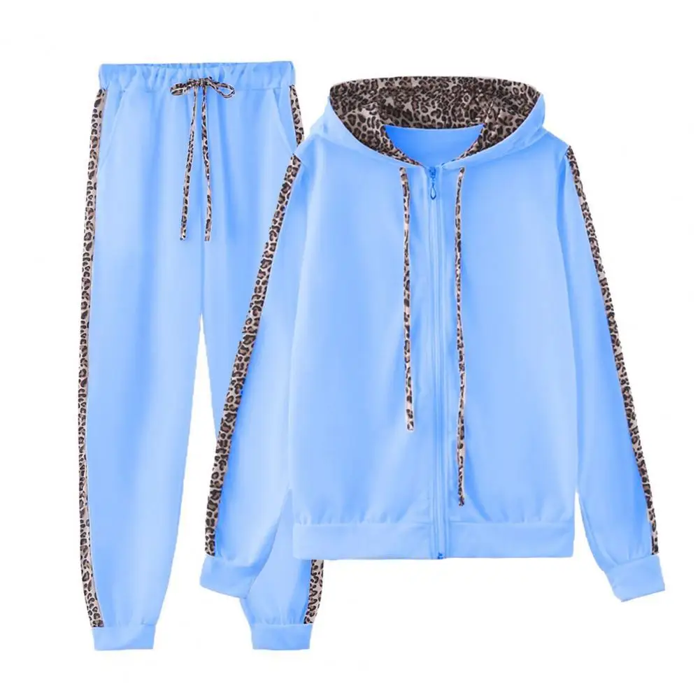 

Long Sleeve Hooded Sweatshirt Pants Set Women Suit Two Piece Leopard Stitching Drawstring Sporty Outfit Autumn Winter Women Set