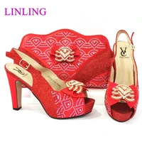nigerian fashion italian design party ladies shoes and bag set with special rhinestonc style decoration in red color