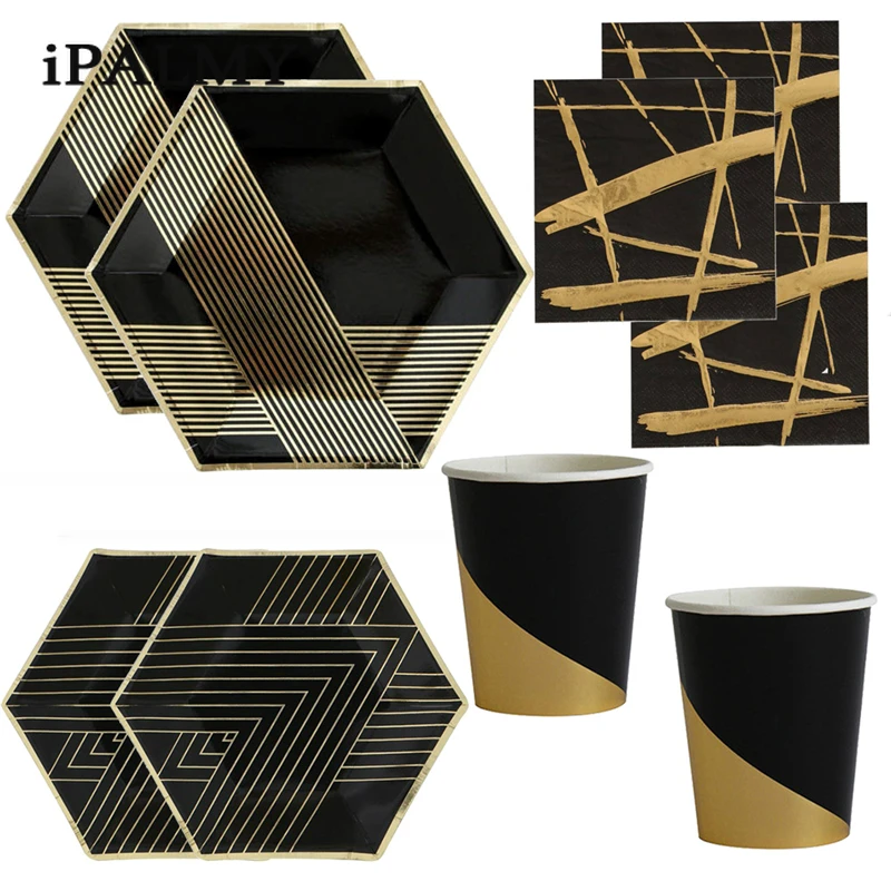 Ipalmay черные и золотые шестигранные бумажные тарелки одноразовые чашки