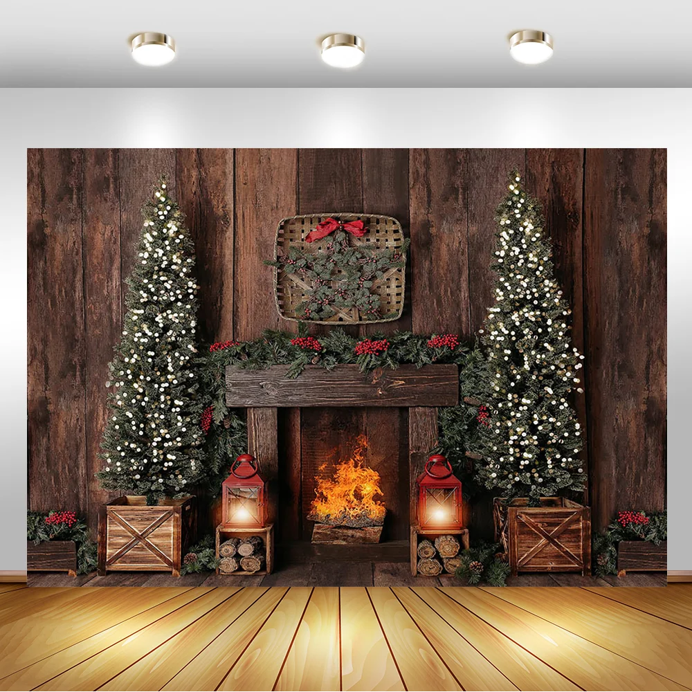 

Photography Background Christmas Decoration Tree Retro Vintage Wooden Wall Fireplace Christmas Backdrops for Photo Studio
