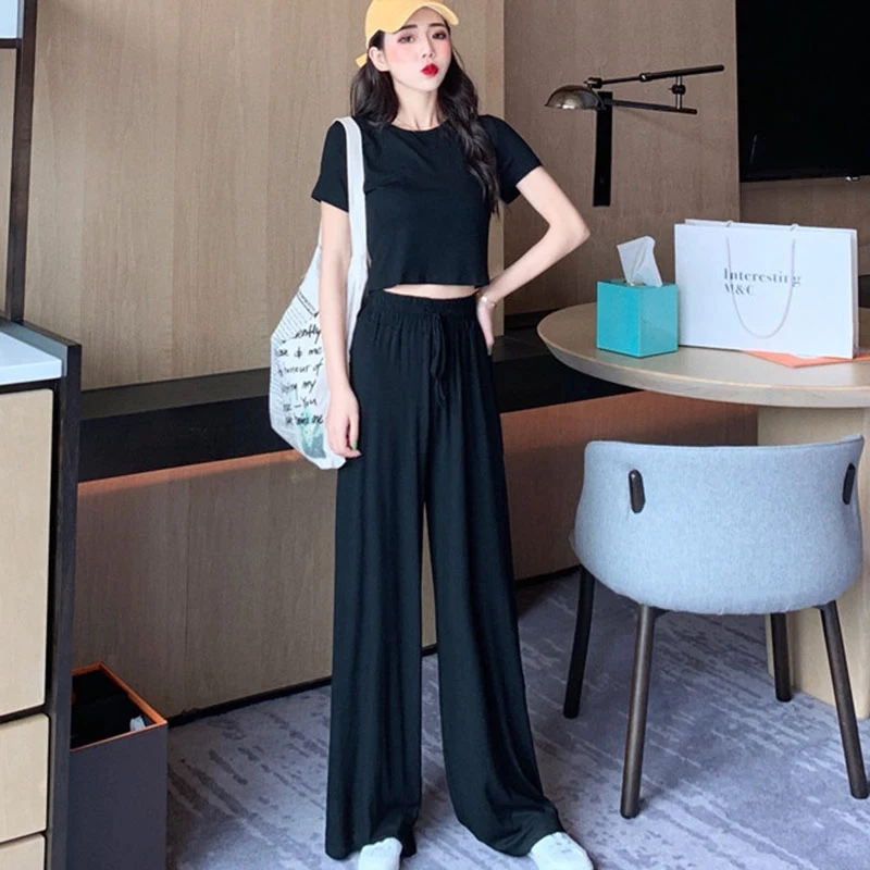 

Fashion Two-piece Solid Color Slim Exposure T-shirt + High Waist Wide Leg Pants Casual Suit