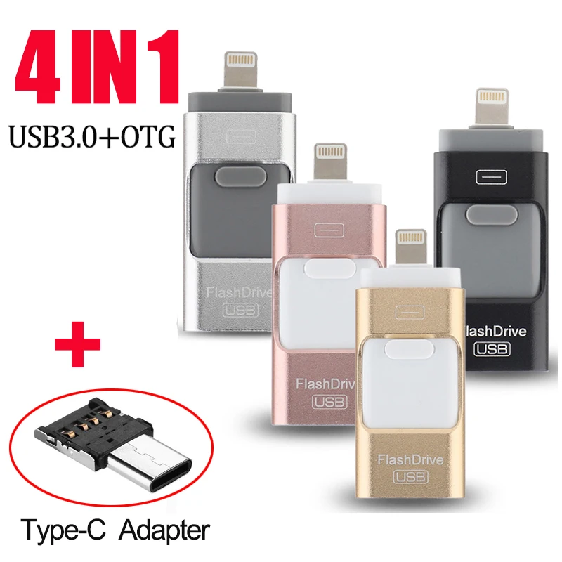 

4 in 1 USB Flash Drive Memory Stick Type-C OTG Pen Drive For iphone S8 S9 Note 8 P20 Mate10 P10 Mi8 LG G6 V30 Oneplus 5 6 3.0