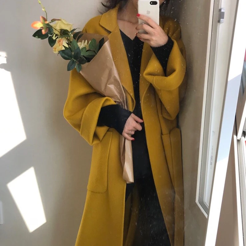 LUZUZI New Winter Coat Female Long Big Pocket Bandage Woolen Coat Women Loose Plus Size Abrigos Mujer Manteau Femme Hiver