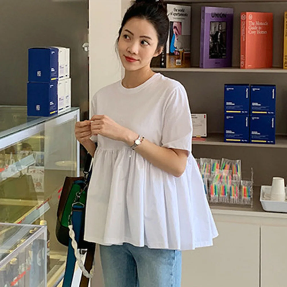 

Cute Pure White Summer Blouse Shirt Janpan Korean 2020 High Waist Pleated Tops Loose Style Femme Shirts Blouse Daily Minimalist