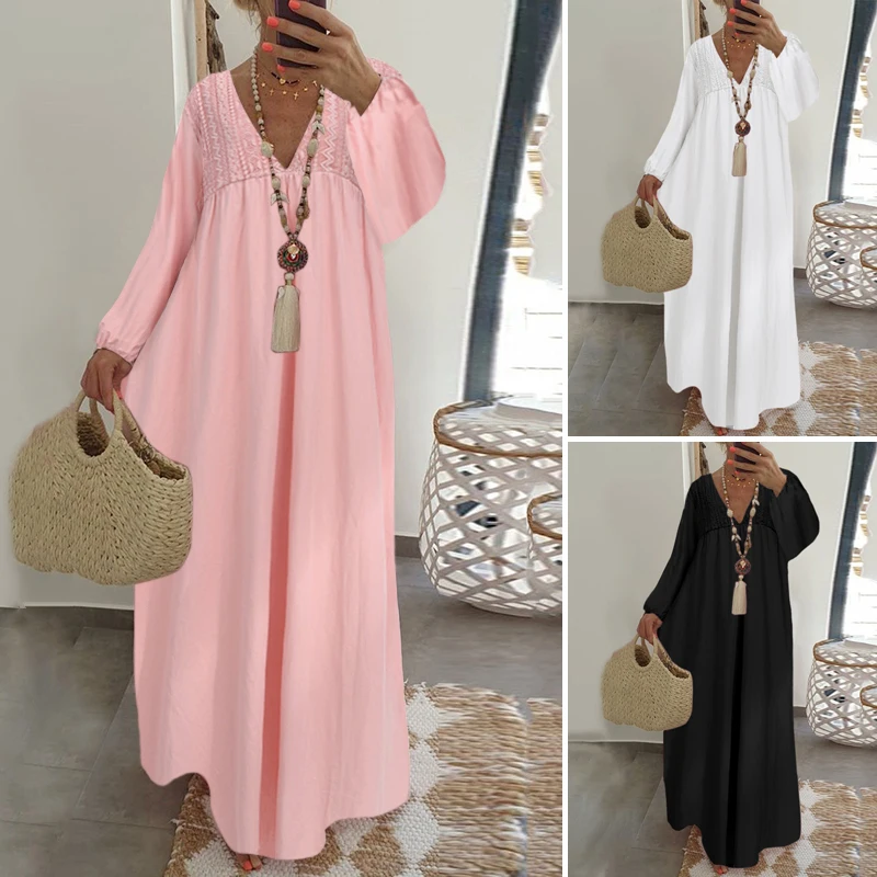 

Celmia Bohemian Dress Women Autumn Sexy V neck Lantern Sleeve Lace Maxi Dress Casual Loose Ruffles Party Long Vestidos
