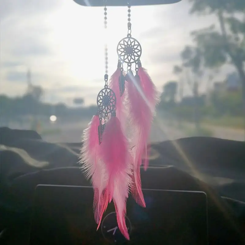 

8 Colors Mini Dream Catcher Car Pendant Wind Chimes Long Feathers Auto Home Wall Hanging Adornment Handmade Dreamcatcher Gifts
