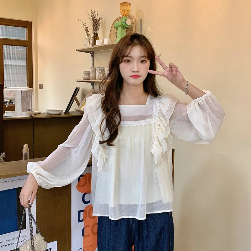 

KUSAHIKI Plus Size Women Chiffon Blouse Ruffle Square Collar Puff Sleeve Shirt 2021 Spring New Korean Pullover Blusas Top 6F160