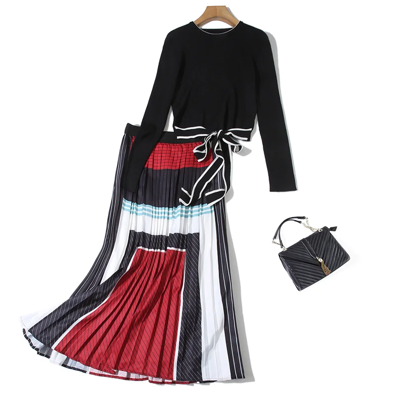 2020 Autumn 2 Piece Suits Women Lace-up Bow Black Knitted Sweater Top+ Elastic Waist Long Pleated Colour Geometry Skirt Suit | Женская