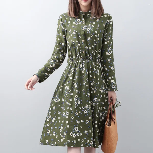 Демисезонное Цветочное платье рубашка с воротником стойкой и длинным