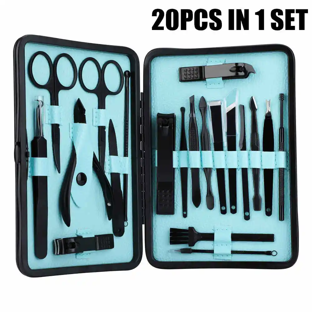 20pcs Черный набор для стрижки ногтей из нержавеющей стали, ножницы, пинцет для маникюра, кутикулы, инструменты для маникюра, педикюра, маникюрный набор - Цвет: 20pcs