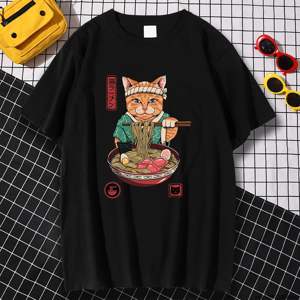 

Japan Ukiyo E Style Eat Noodle Cat Printing Tshirts Man Fitted Simplicity Top Retro Oversized Clothing Funny Mens T-Shirt
