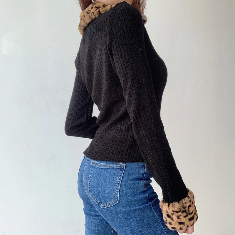

Women Leopard Lapel Cardigan Tops New Fall Autumn Winter Long Sleeve Zippers Fur Collar Shirts Vintage t shirt for women Hot