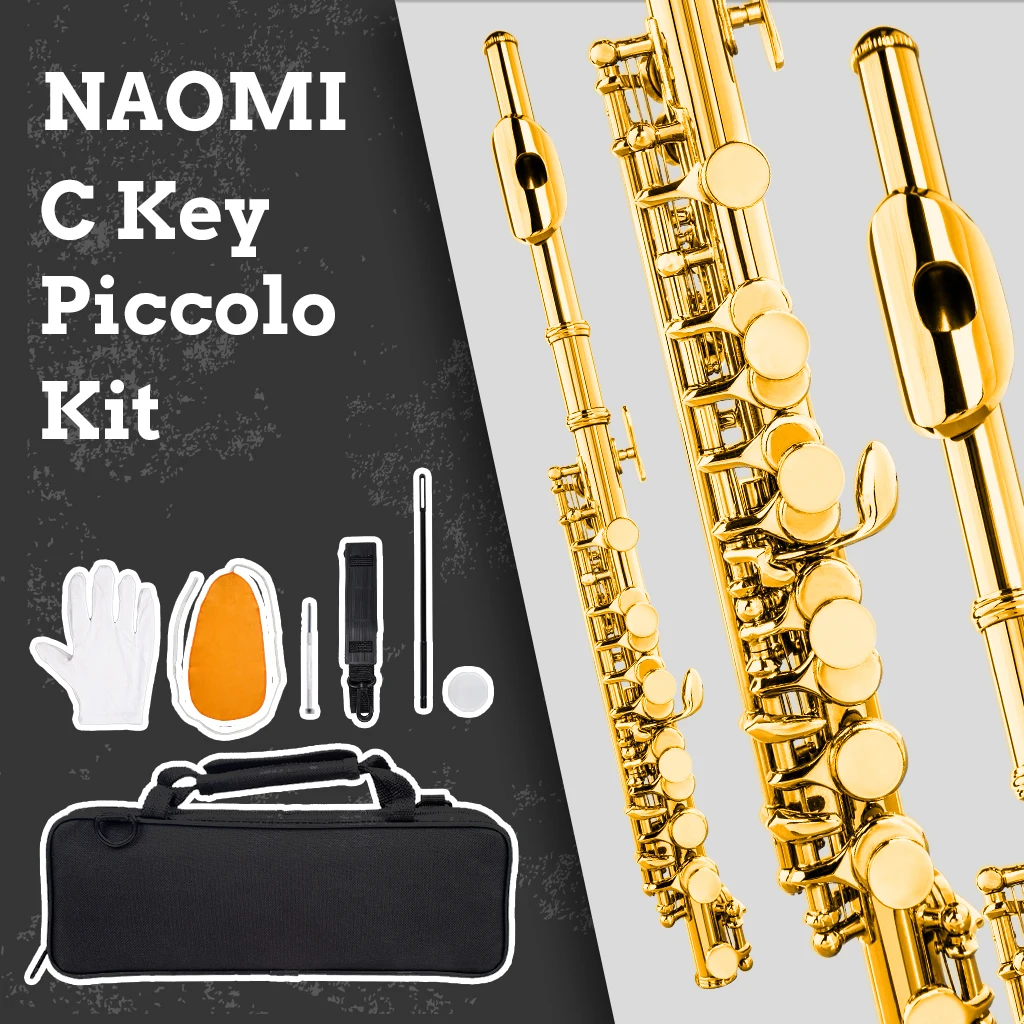 Enlarge NAOMI Flute C Key Piccolo Half-size Flute Golden Plated Cupronickel With Cleaning Cloth Screwdriver Padded Box Flute Accessories