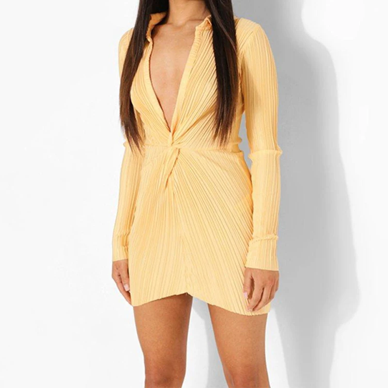 

Temperament Pleated Dress Women Sexy Long Sleeve Low Cut Dresses Solid Color Streetwear Female Shirt Vestidos Ladies Clothes