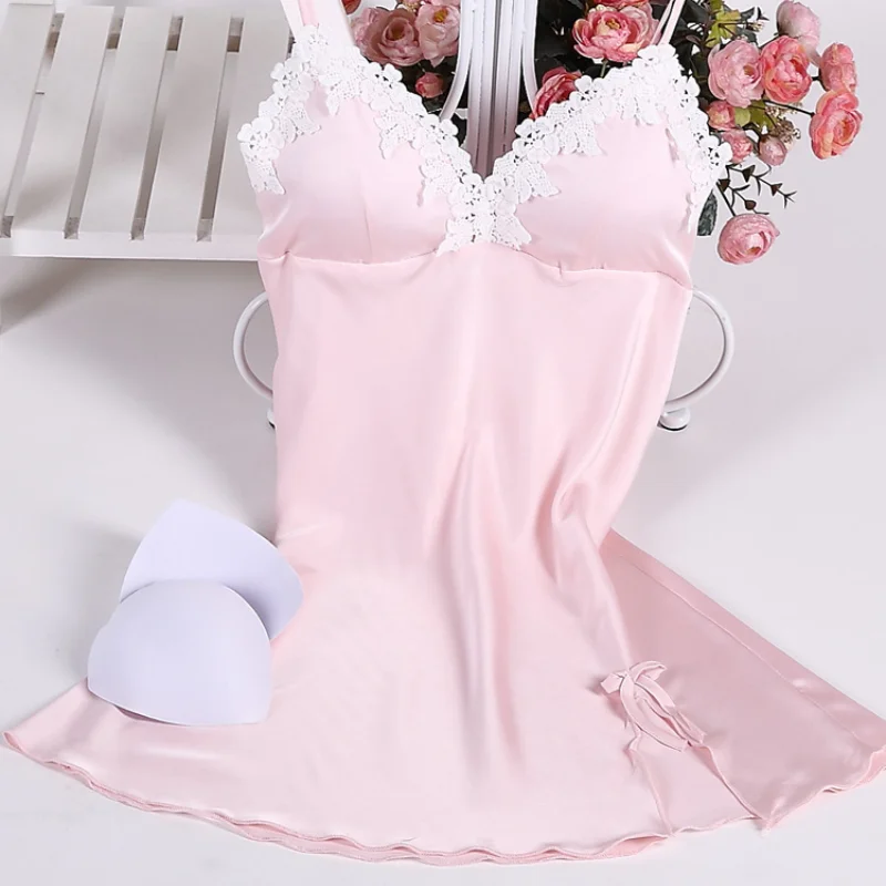 

Night Sleep Halter Dress Women Underwear Lingerie Sling Lace Embroidery V-Neck Sexy Nightdress Sleeveless Satin Silk Nightgown