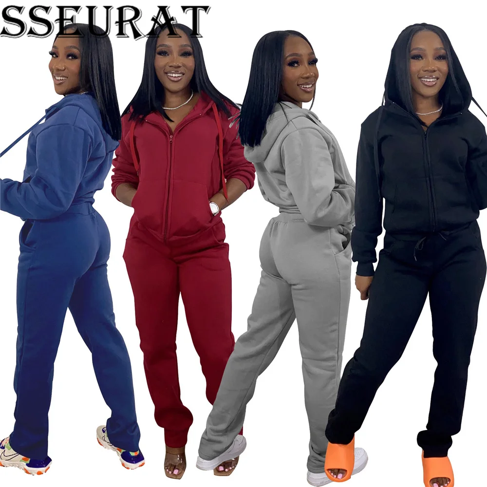 

SSEURAT Women Set Long Sleeve Zipper Fly Hoodies and Jogger Pants Tracksuit Two Piece Set Fitness Outfits