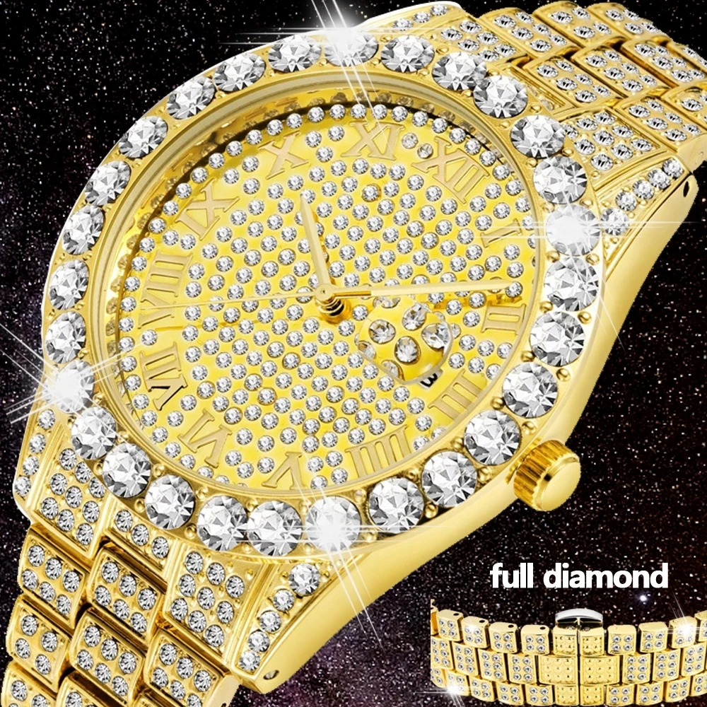 

Brand Men's Bling Big Diamond Watch ICED-Hip Hop Men's Quartz Watch Trend Fashion Date Male Clock Gold Steel Relogio XFCS
