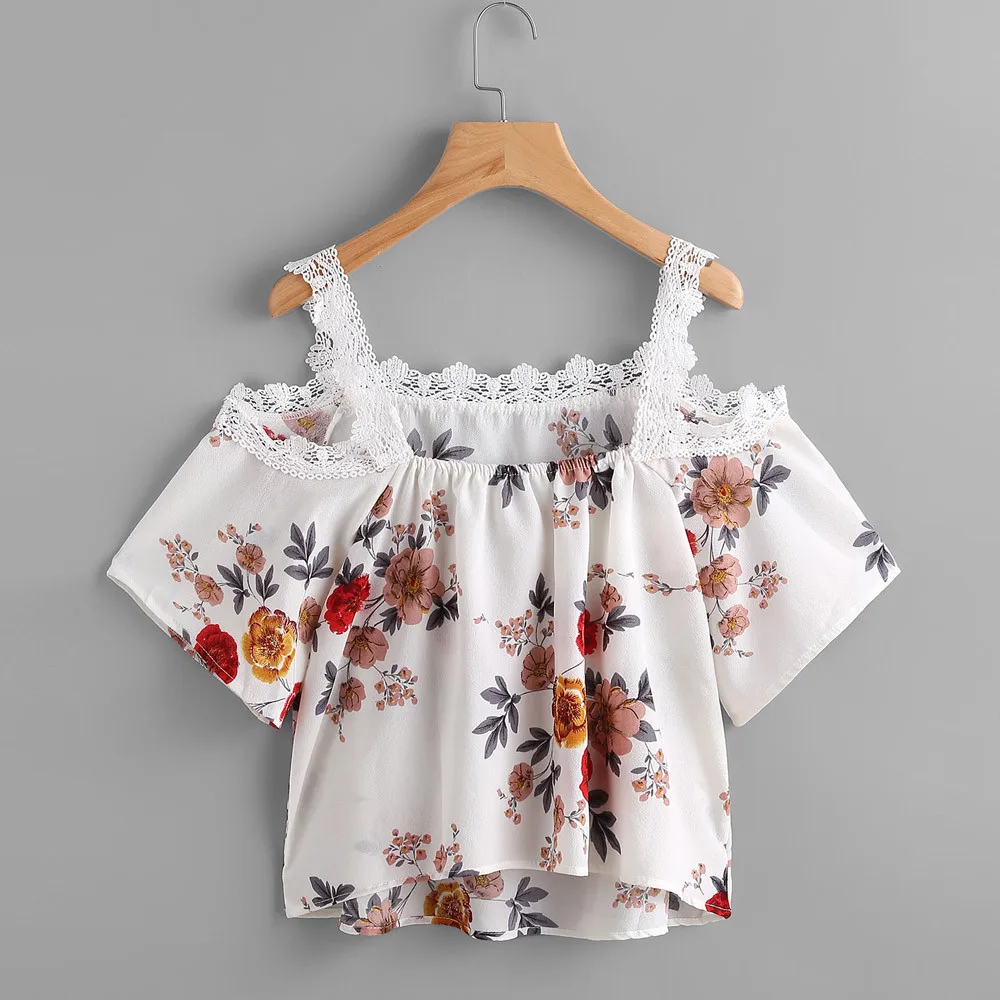 Модная летняя блузка Feitong с цветочным принтом Женская кружевная на бретельках