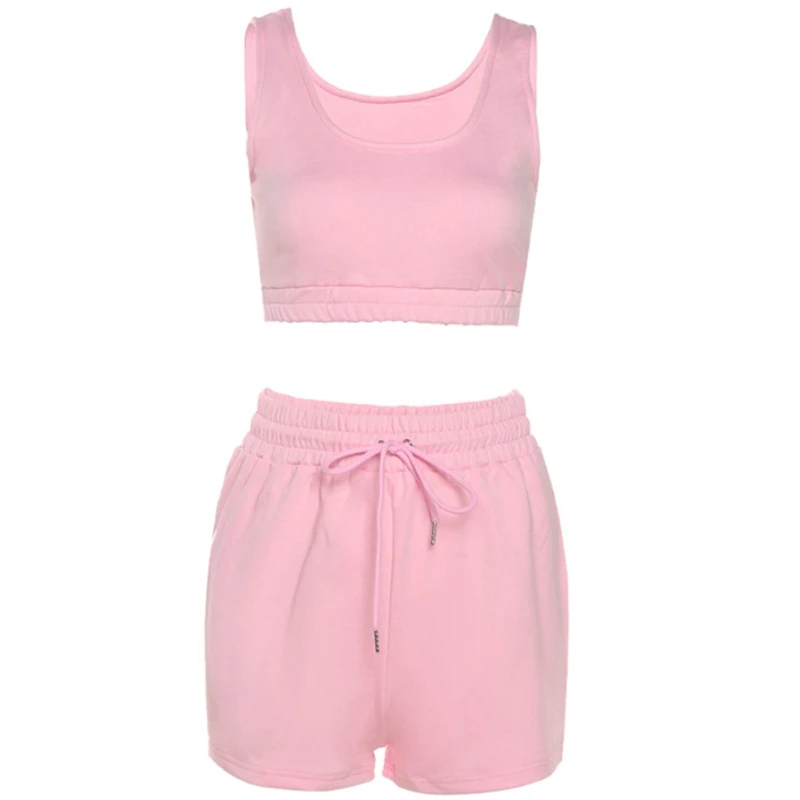 

066F Women Solid Sportswear 2pcs Sleeveless Crop Top Drawstring Shorts set Tracksuit