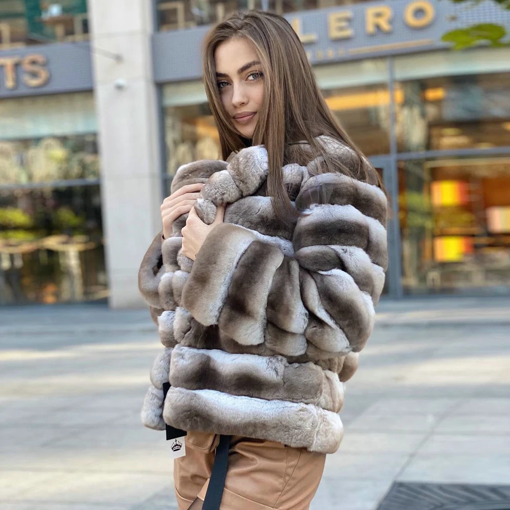 Women Natural Rex Rabbit Fur Jacket with Turn-down Collar 2022 Winter Trendy Genuine Full Pelt Rex Rabbit Fur Coat Female Outfit
