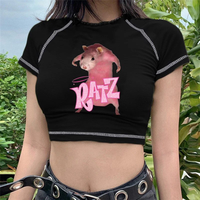 

Cartoons cottom women tee pink harajuku short sleeve funny RATZ letter anime print y2k tops femme tshirts kawaii