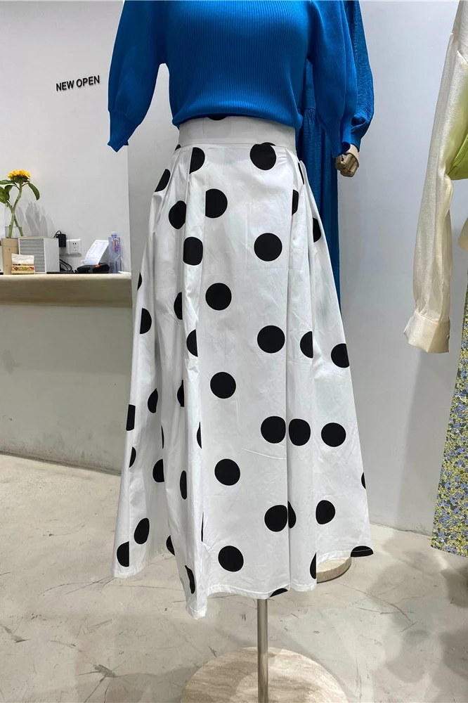 

2021 Spring/Summer New Style White Polka Dot Skirt Women's Mid-Length Versatile High Waist Slimming A-line Skirt Female