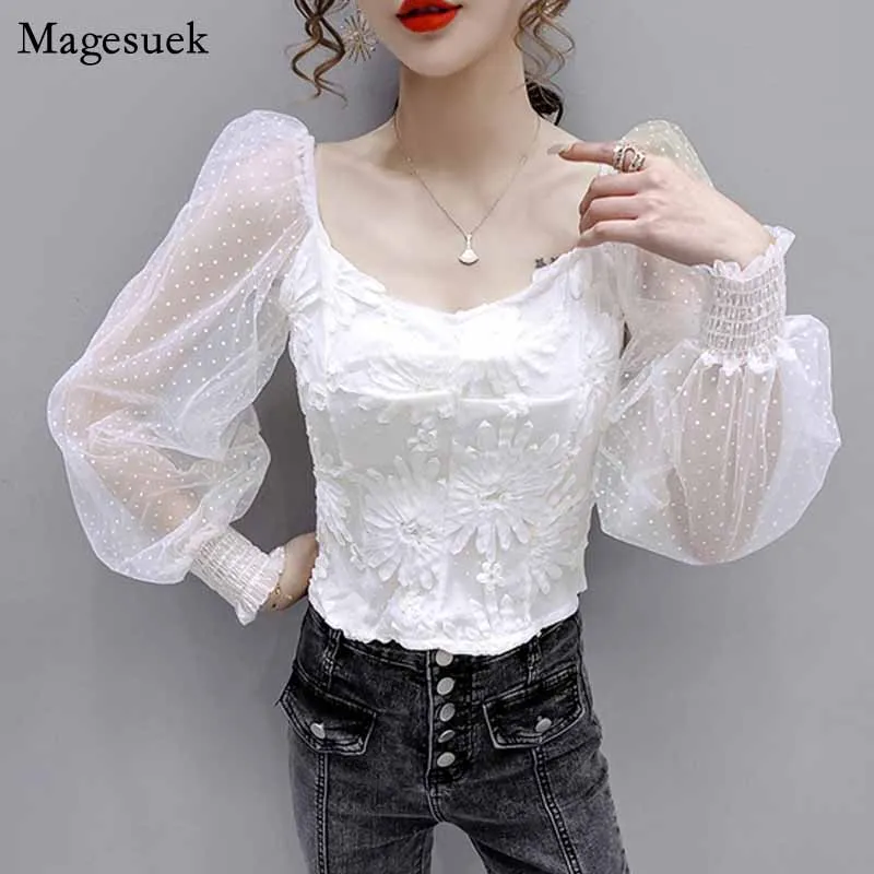 

Sexy Mesh Stitching Waist Hugging Slimming 2020 Early Autumn New Fashion Lantern Sleeve Square Collar Tops Chemisier Femme 11420