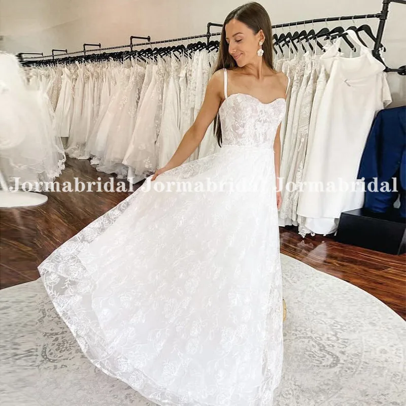 

Open Back Lace Wedding Dresses Spaghetti Strap A-Line Sweetheart Country Bride Gowns robe de mariée Sweep Train Wedding Gowns