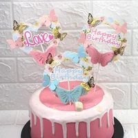 5pcs beautiful cake decoration pink blue three dimensional butterfly happy birthday love wedding dessert table card plug in