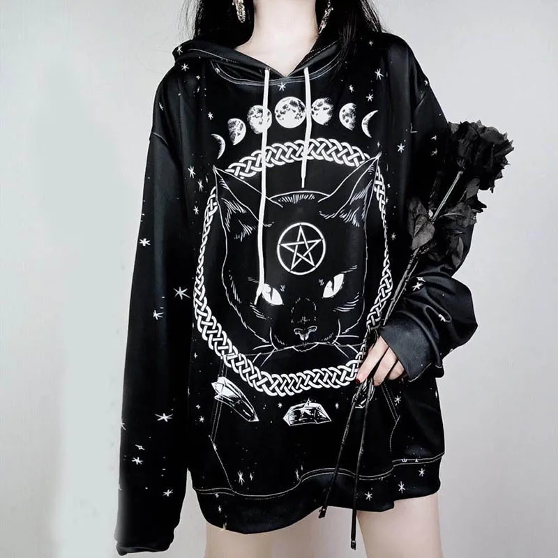 

Cat Moon Pentacle Print Hoodie Black Oversized Hooded Sweatshirts Women Gothic Outfits