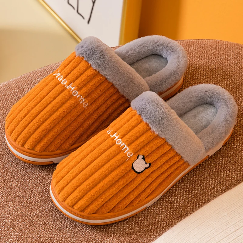 Winter Warm Cotton Slippers Women's Concise Stripe Plush Shoes for Men Indoor Bedroom Comfortable Women Couples Soft Home Shoe