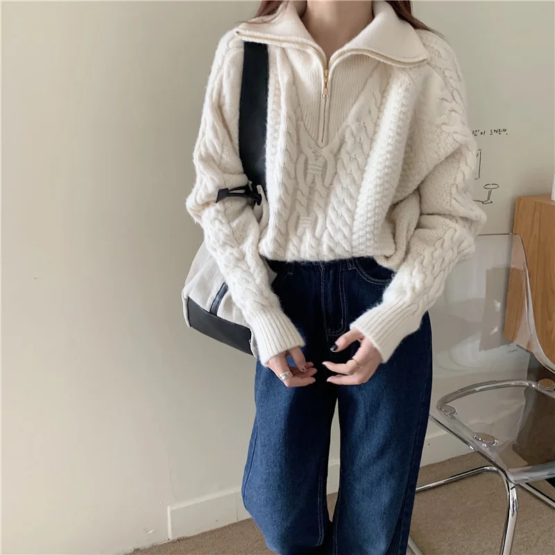 

Half Zipper High Neck Outer Sweater Thickened Loose Top Autumn and Winter Lazy Wind Sweater Women