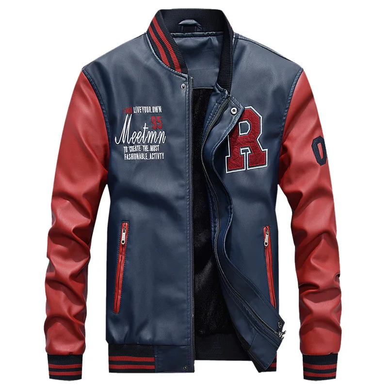 

Men's Bomber Baseball Jacket Letter Embroidered PU Leather Motorcycle Jackets Autumn Winter Fleece College Pilot Coat