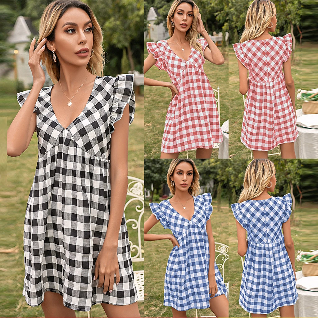 

Women Plaid Ruffled Short Sleeve Dress Holiday Casual Mini Dress Female Fashion V-Neck Sundress Sexy Vestidos 2021 Summer New