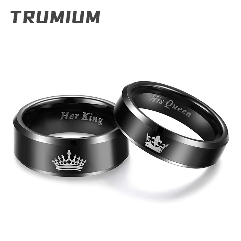 

TRUMIUM 6/8mm Tungsten Ring Women His Queen Her King Men Black Wedding Bands Couple Engagement Rings Jewelry