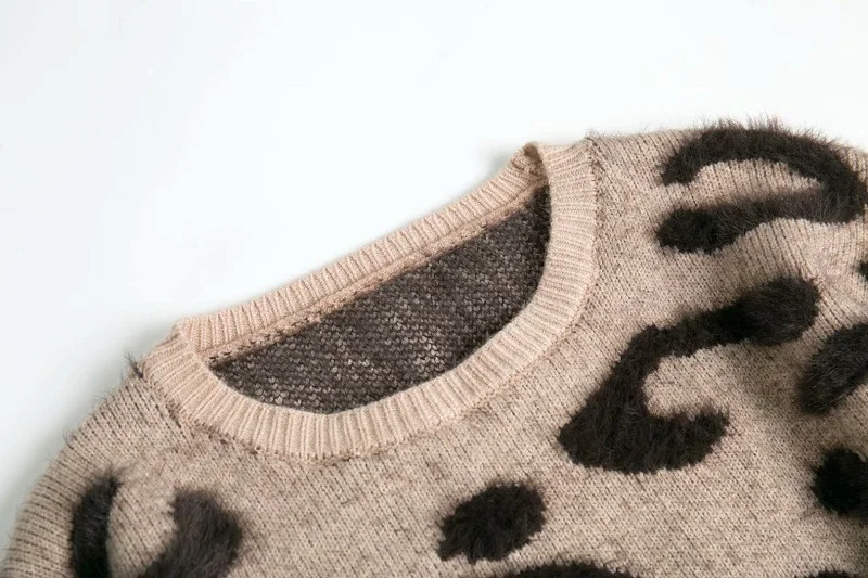 Женский леопардовый свитер повседневный короткий вязаный с круглым вырезом