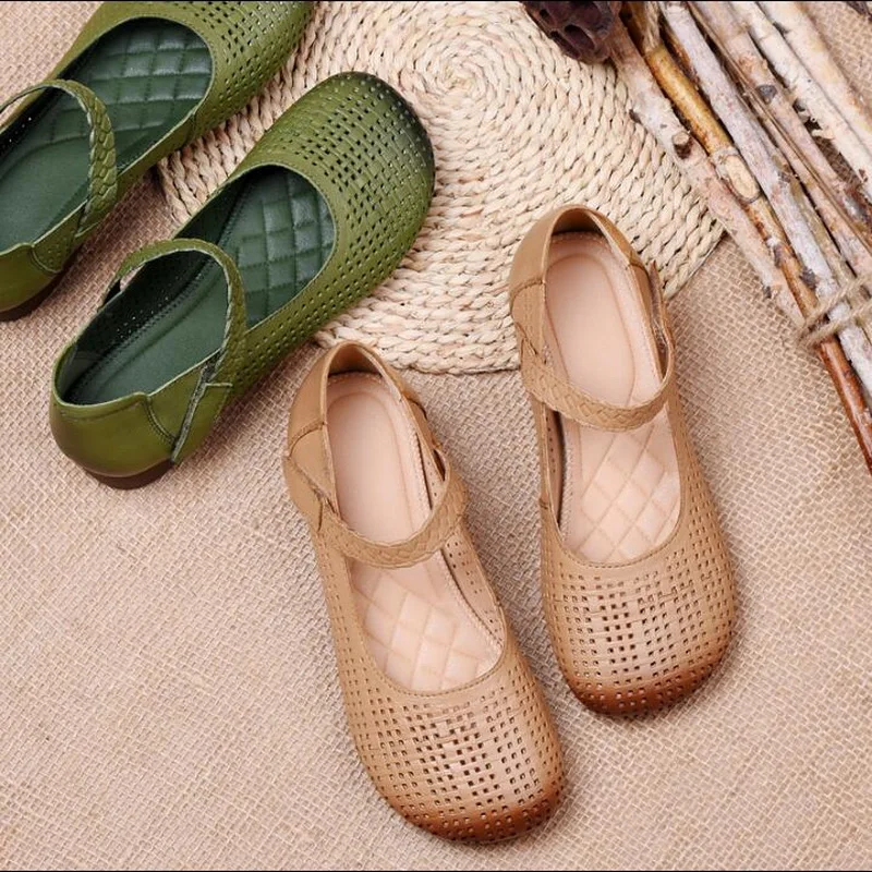 Женские летние туфли ручной работы из натуральной кожи на плоской подошве