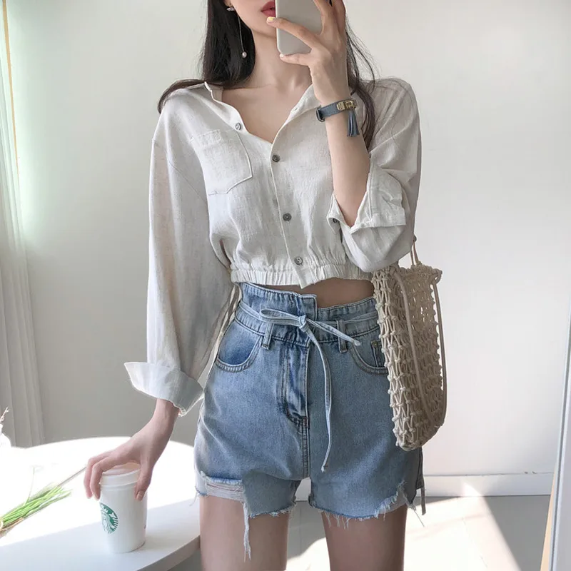 

Drawstring Waist Shirt Women 2021 Ins Korean Single Breasted Crop Tops Pocket Long Sleeve Fall Blouses Ladies Casual Wear T004