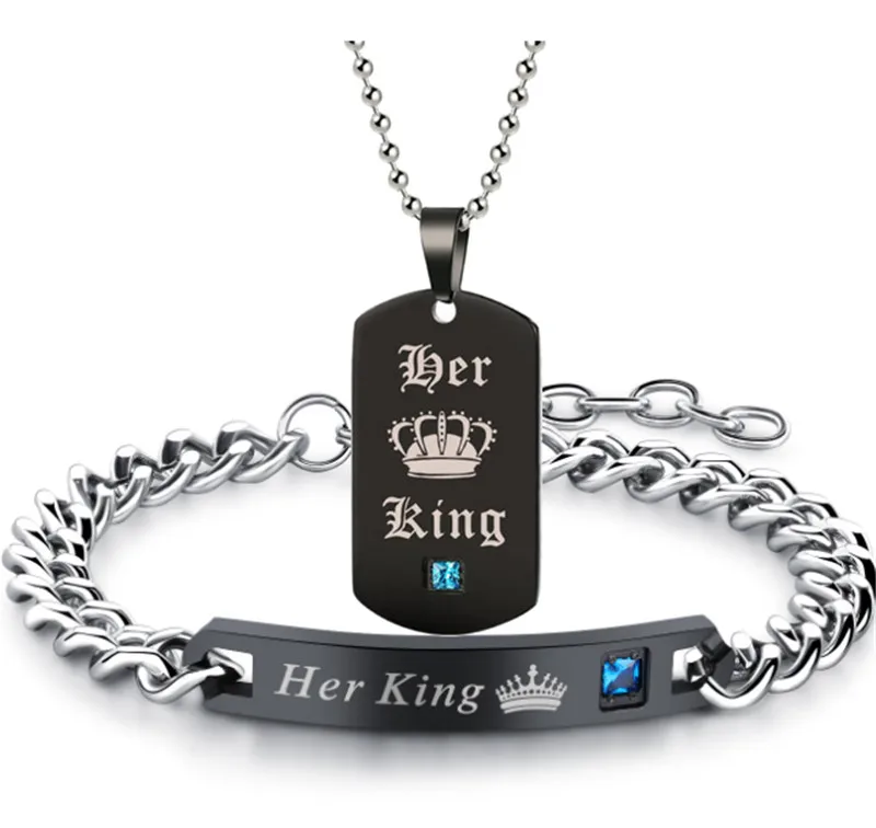 Набор колец с цепочкой для мужчин и женщин His Queen Her King ожерелье кристаллами