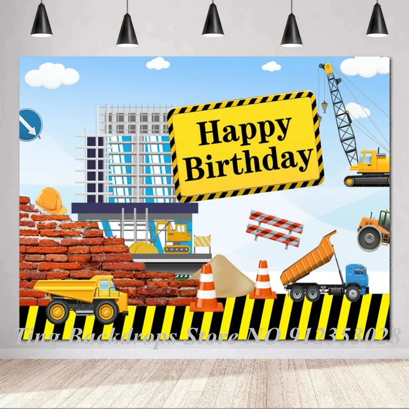 

Cartoon Construction Site Scene Photography Background Happy Birthday Boy Engineering Vehicle Toys Table Banner Decor Backdrops