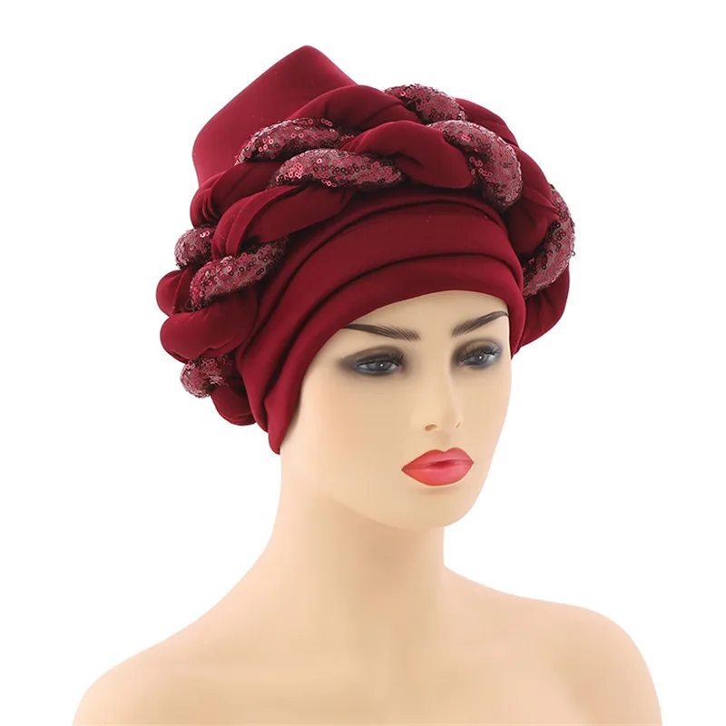 

Braids Turban Cap for Women Sequins African Auto Gele Headtie Wedding Party Headwear Hat Muslim Headscarf Hijab Femme Musulman