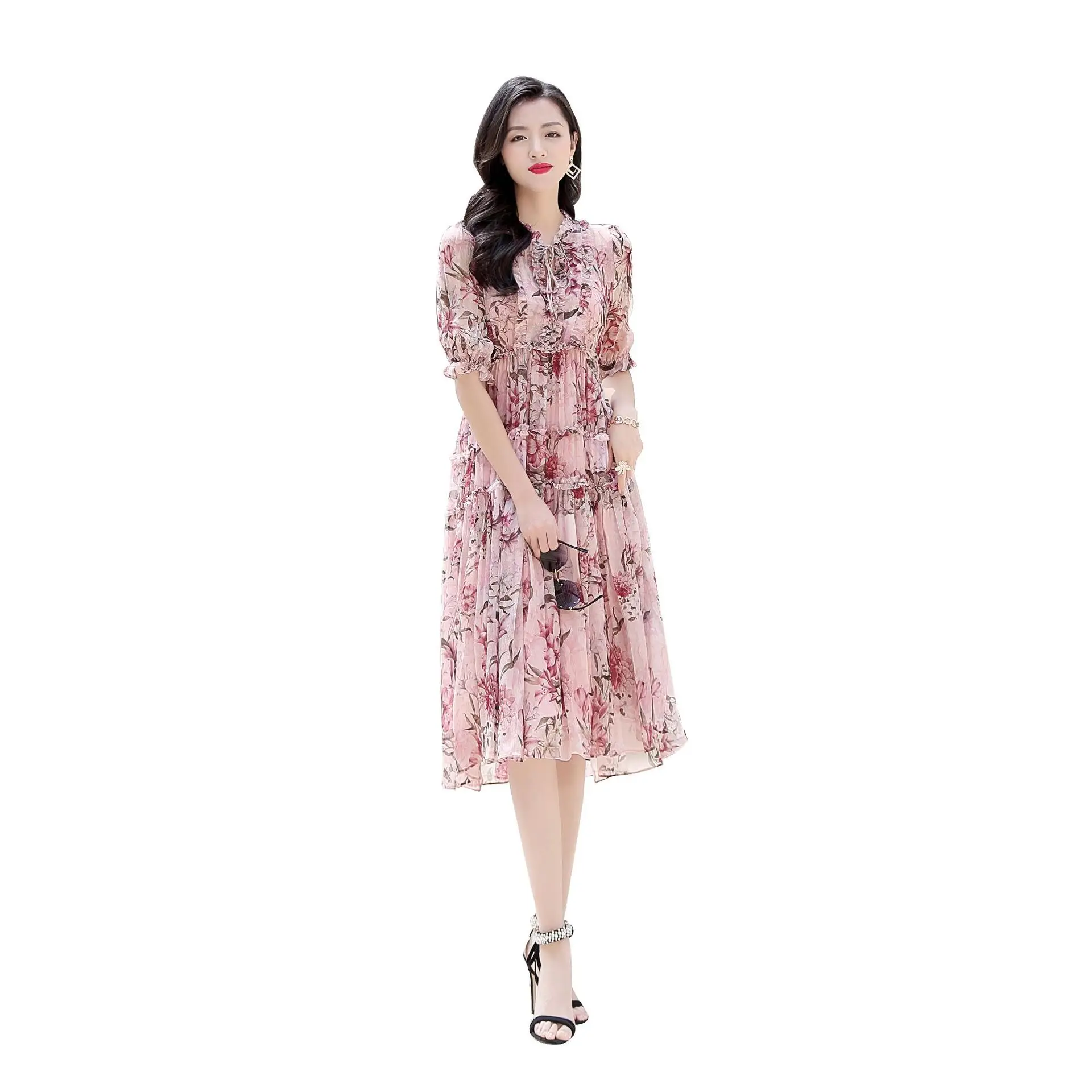 

CTL21046 New Fashion 2021 Summer Silk Clothing French Luxury Romantic Floral Fold Plus Size Loose Dress Female