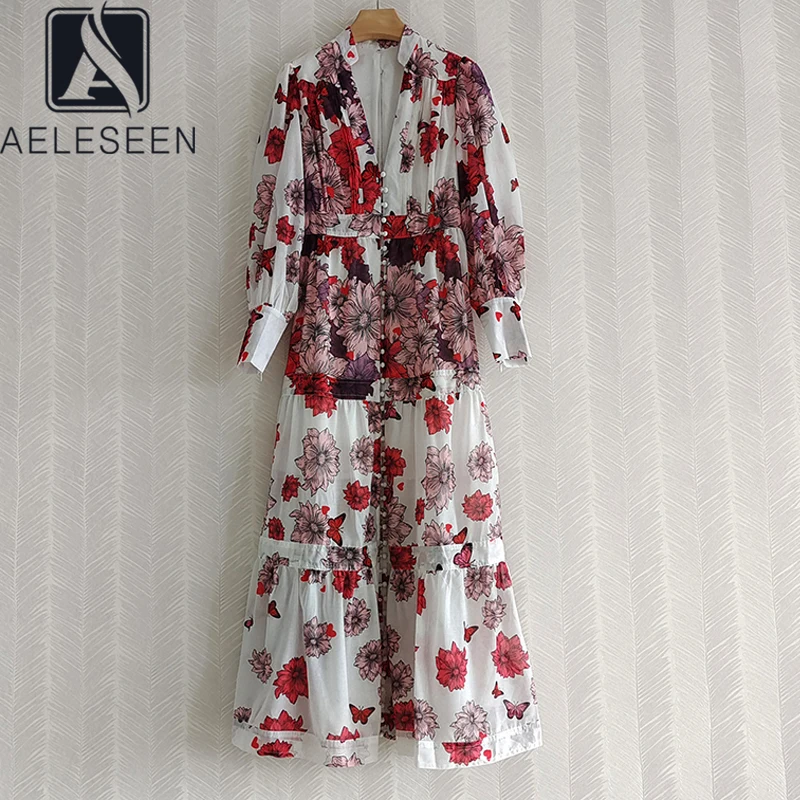 

AELESEEN модель последних модных показов; Женское платье; Сезон весна-осень; Длинный с v-образным вырезом и рукавом-фонариком, платье на пуговица...