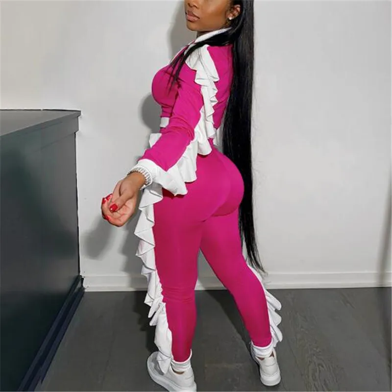 

Women Zipper Crop Tops Pants Side Ruffles Splice Clothes Set New Casual 2 Piece Sets Solid Tracksuit Women Top Pants Ladies Suit