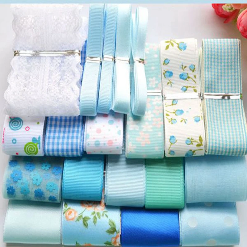 

Blue Mix Printed Grosgrain Ribbons,Mixed Satin Grosgrain Ribbon Set, kids accessories,DIY Printed tape,Children Garment Accessor
