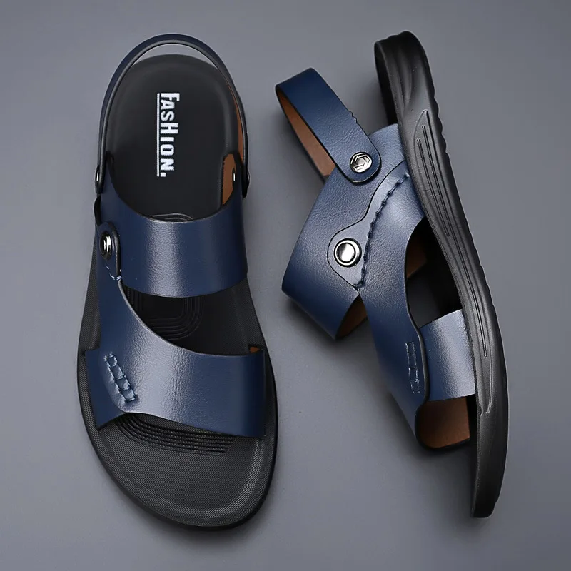 

Summer New Fashion Men Shoes Vintage Real Leather Non-slip Beach Slip-On Sandals Travel Flip Flop Slippers Black Brown