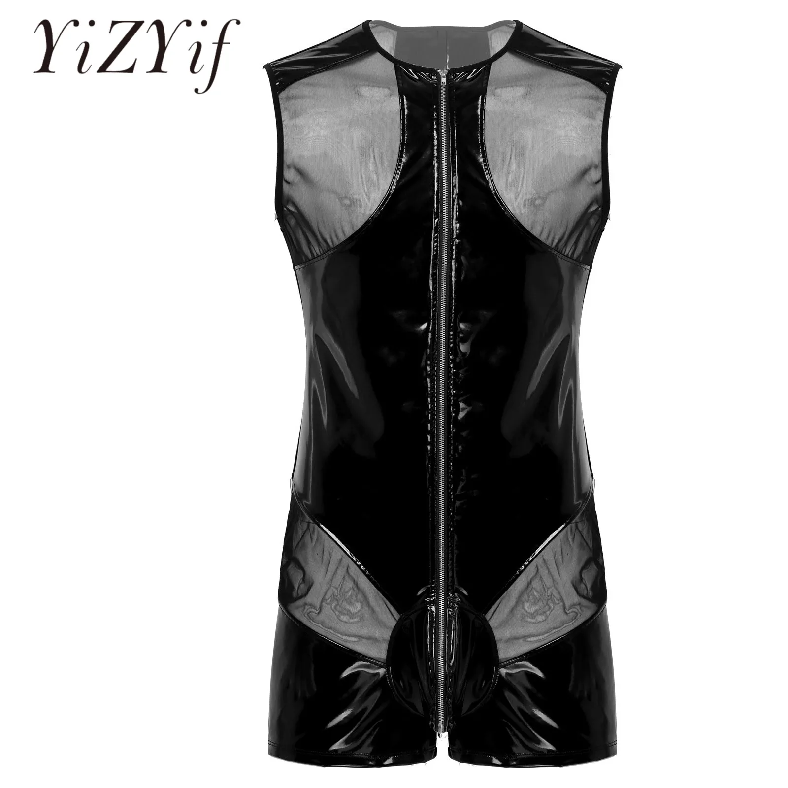 

Mens Sexy Clubwear Lingerie See-through Zipper Bodysuit Wet Look Patent Leather Mesh Patchwork Round Neck Bugle Pouch Jumpsuit