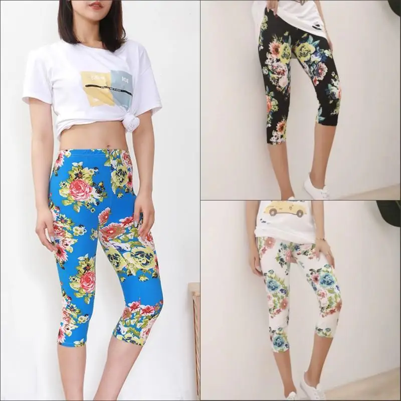 

16 Models Women's Thin Section Outside Wear Elasticity High Waist Capri Pants Y2k Vintage Flowers Breathable Leggings for Women