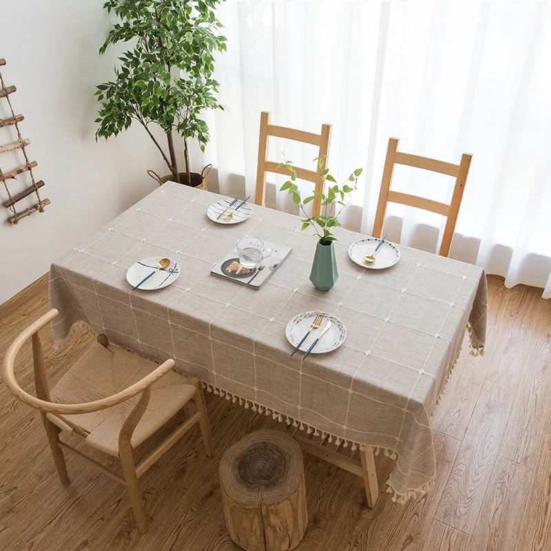 Однотонная льняная скатерть с кисточками водонепроницаемая маслостойкая